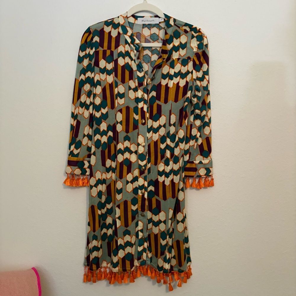 NWOT T-bags Geometric Print Button down dress with Tassel Trim size S